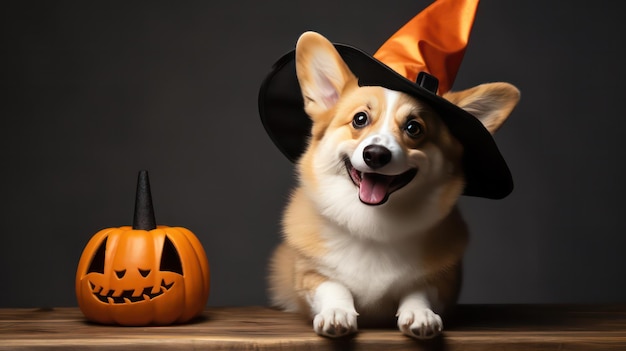 una fotografia del simpatico cane pembroke welsh corgi usa il cappello da strega per la celebrazione di halloween