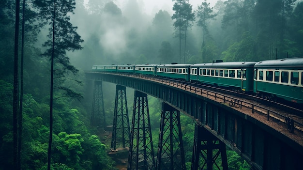 Una fotografia del vecchio treno elettrico diesel impostato sul ponte ad arco