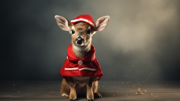 una fotografia di cervo che indossa il costume e il cappello di Babbo Natale per la celebrazione del Natale