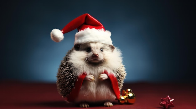 una fotografia di riccio che indossa il costume e il cappello di Babbo Natale per la celebrazione del Natale