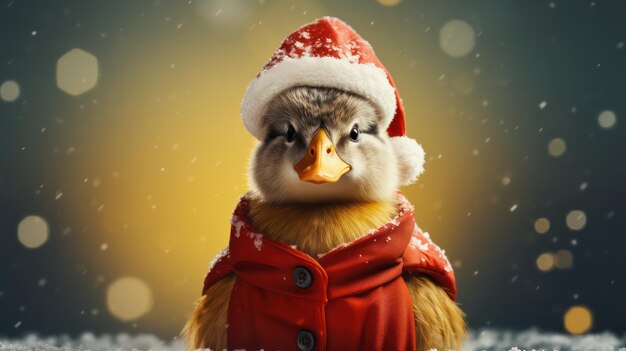 una fotografia di un'anatra carina che indossa il costume e il cappello di Babbo Natale per la celebrazione di Natale