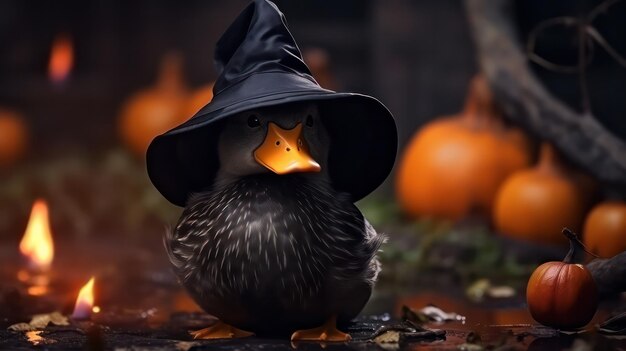 una fotografia di un'anatra carina che usa il cappello da strega per la celebrazione di Halloween