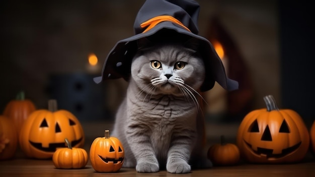 una fotografia di un carino gatto britannico dai capelli corti che usa il cappello della strega per la celebrazione di Halloween