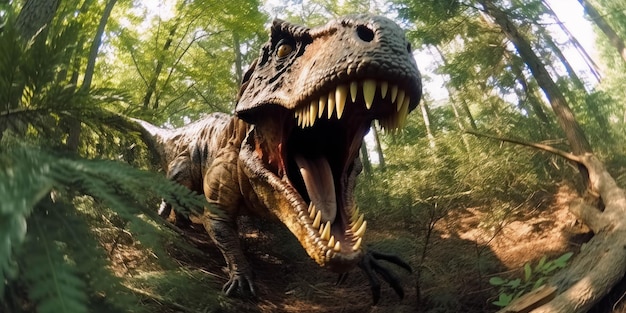 Una fotografia di un dinosauro trex scattata con un'obiettivo fisheye generato con AI