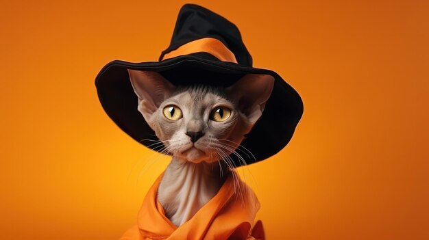 una fotografia di un gatto Sphynx carino che usa il cappello della strega per la celebrazione di Halloween