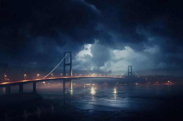 Una fotografia di un grande ponte che attraversa un corpo d'acqua di notte Questa immagine può essere utilizzata per raffigurare paesaggi urbani trasporti o scene cittadine notturne