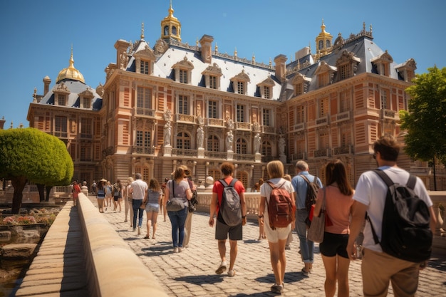 Una fotografia di un gruppo di turisti che visitano il Palazzo di Versailles