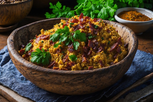 Una fotografia di un piatto Farofa splendidamente presentato Alimento brasiliano