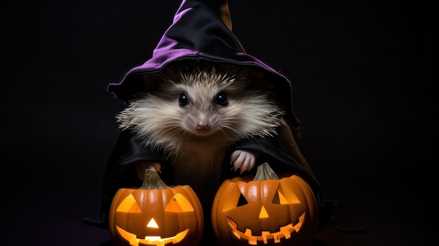 una fotografia di un riccio che usa il cappello da strega per la celebrazione di Halloween