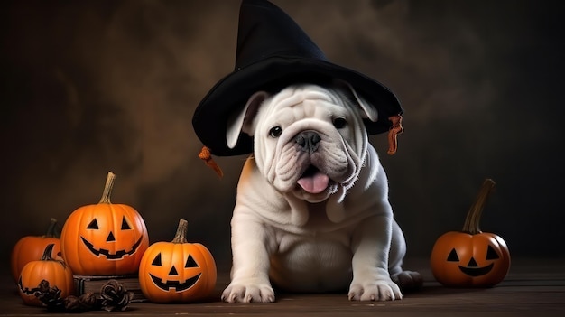 una fotografia di un simpatico bulldog bianco che usa il cappello da strega per la celebrazione di Halloween