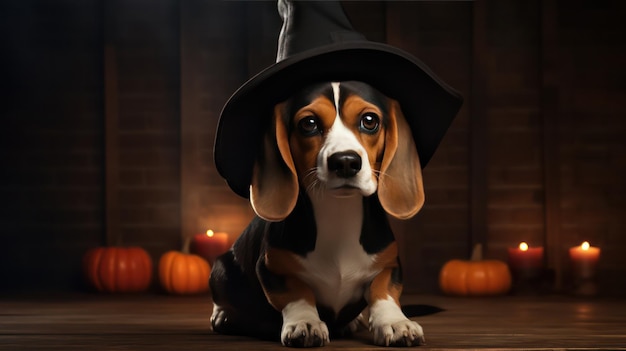 una fotografia di un simpatico cane beagle usa il cappello da strega per la celebrazione di Halloween