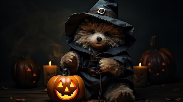 una fotografia di un simpatico orso usa il cappello da strega per la celebrazione di Halloween