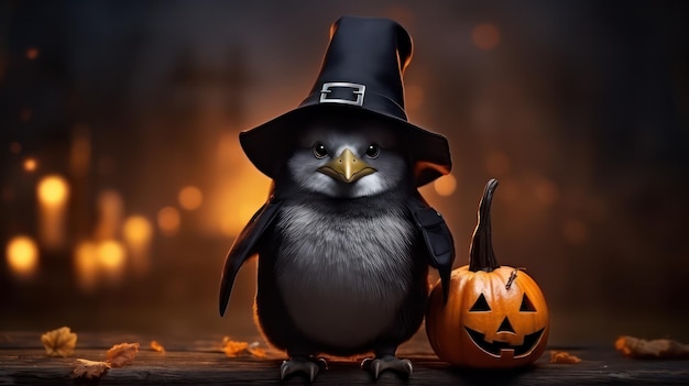una fotografia di un simpatico pinguino che usa il cappello da strega per la celebrazione di Halloween