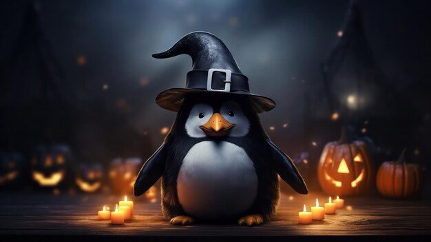 una fotografia di un simpatico pinguino che usa il cappello da strega per la celebrazione di Halloween