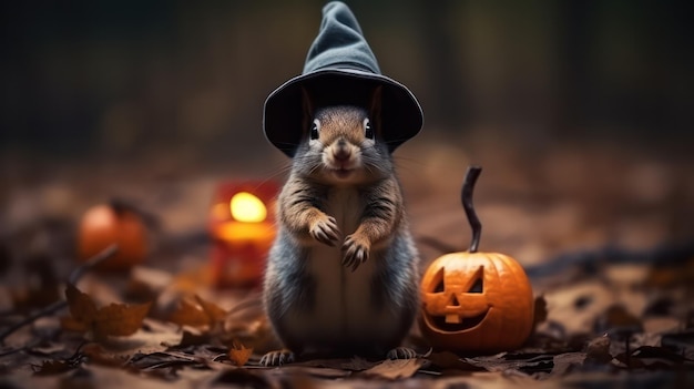 una fotografia di un simpatico scoiattolo usa il cappello da strega per la celebrazione di Halloween