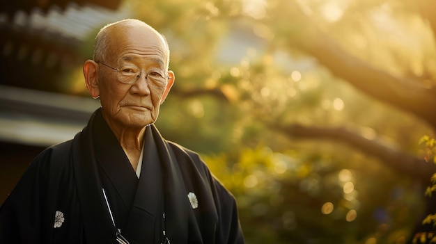 Una fotografia di un uomo anziano dignitoso adornato con il tradizionale kimono giapponese