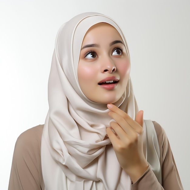 Una fotografia di una donna malese malese in una postura curiosa e curiosa con un dito