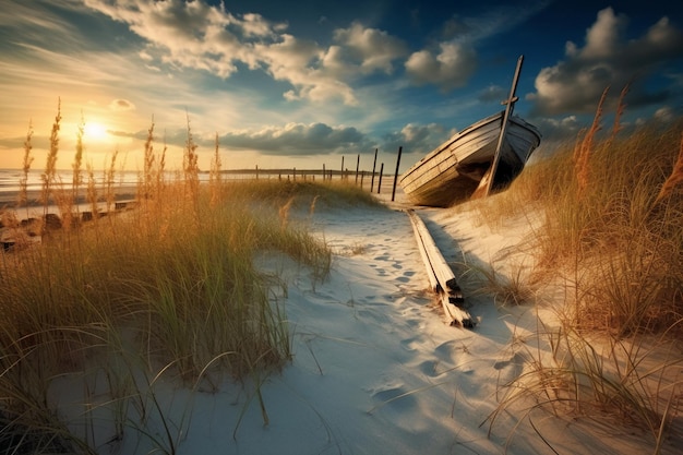 Una fotografia di una spiaggia deserta con un vecchio recinto rotto che corre lungo le dune in primo piano