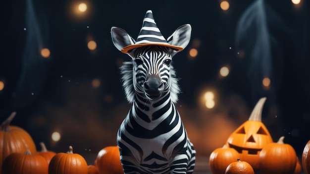 una fotografia di una zebra carina che usa il cappello da strega per la celebrazione di Halloween