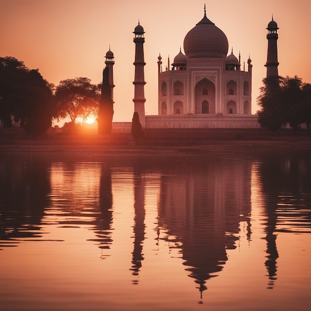 Una fotografia di vista frontale con vista laterale di Agra Taj Mahal