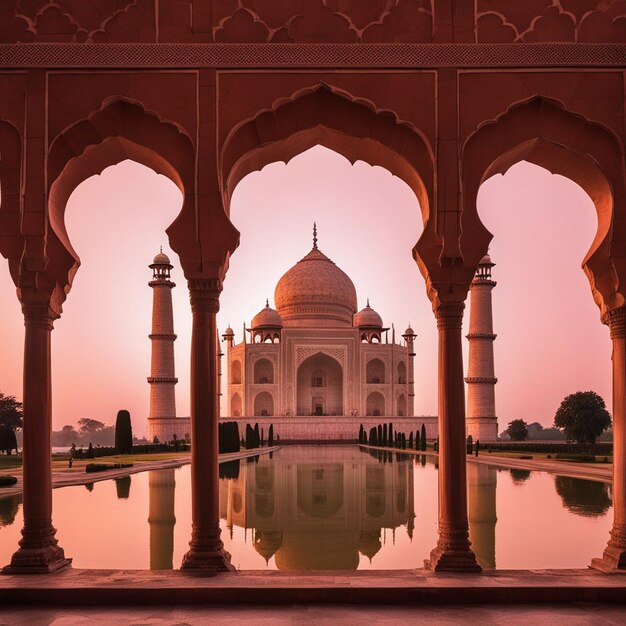 Una fotografia di vista frontale con vista laterale di Agra Taj Mahal