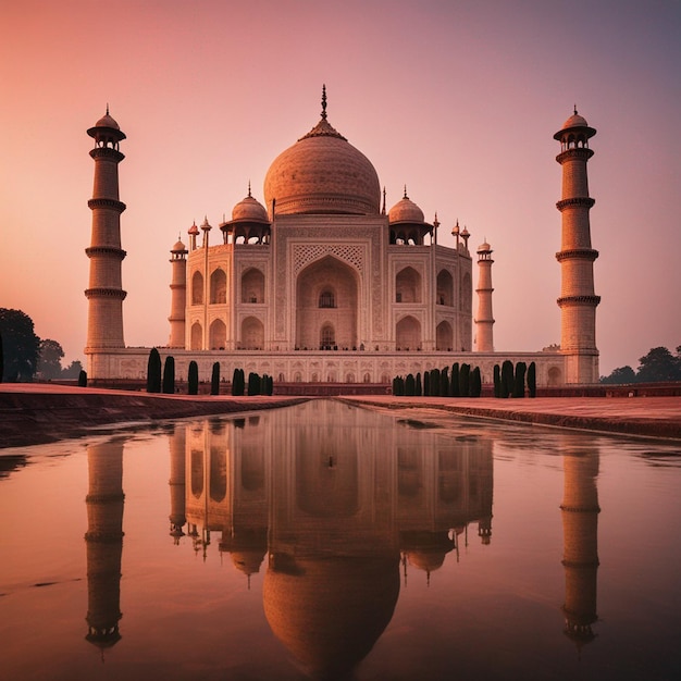 Una fotografia di vista frontale con vista laterale di Agra Taj Mahal