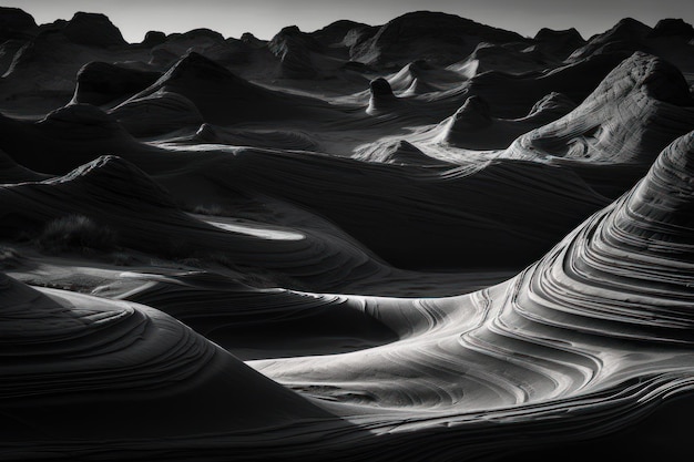 Una fotografia in bianco e nero di dune di sabbia con il sole che splende su di loro.