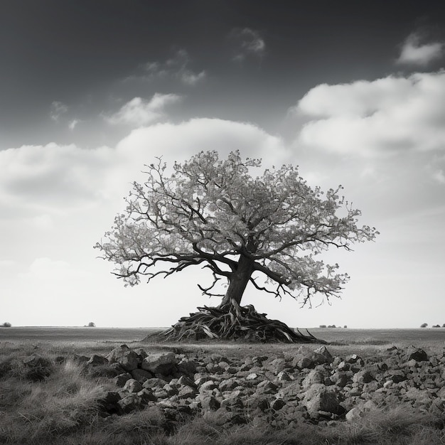 Una fotografia in bianco e nero in scala grigia di un albero isolato