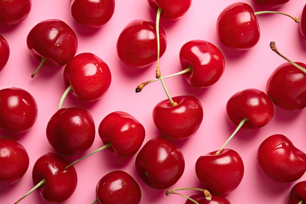 Una fotografia in stile piatto che mostra frutti di ciliegia maturi di colore rosso brillante su uno sfondo rosa alla moda