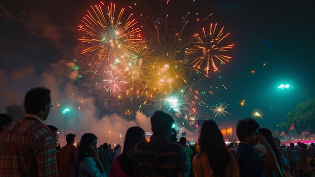 Una fotografia iper realistica di una folla di persone in piedi davanti a fuochi d'artificio colorati nel cielo e guardandolo Lo sfondo dell'immagine è buio è notte AI HDR Generative