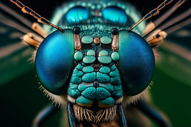 Una fotografia macro professionale del volto di una libellula blu