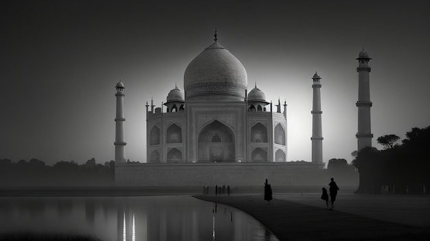 Una fotografia monocromatica ad alta definizione del Taj Mahal durante una notte di luna avvolta nella nebbia