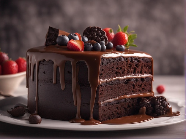 Una fotografia professionale di una deliziosa torta di cioccolato