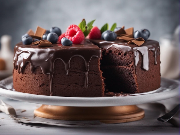 Una fotografia professionale di una deliziosa torta di cioccolato