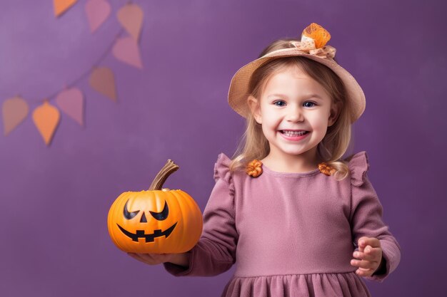 Una fotografia ravvicinata di una bambina dolce e adorabile con un sorriso raggiante vestita con un costume di Halloween Generative AI