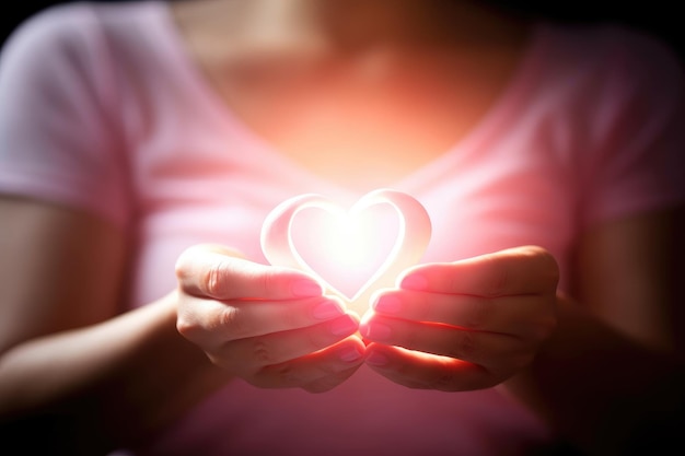 Una fotografia ravvicinata incentrata sulle mani di una donna che formano una forma a cuore con un nastro rosa su uno sfondo rosa tenue IA generativa del cancro al seno