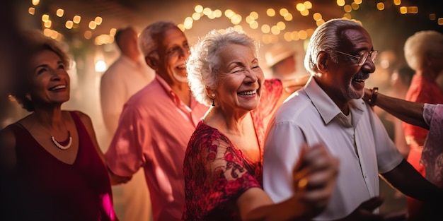 Una fotografia sincera di un gruppo di anziani che ballano felici Generative Ai