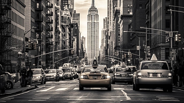 Una fotografia stradale in bianco e nero di un trafficato incrocio di New York City con l'Empire Stat