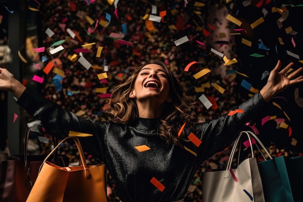 Una fotografia vibrante che cattura l'essenza del Black Friday con una modella raggiante che sta con sicurezza in mezzo a una serie sparsa di borse della spesa nere AI generativa