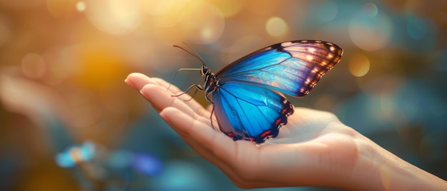 Una fragile farfalla blu vola sulle dita di una donna in armonia con la natura creando magia della bellezza in una ripresa macro