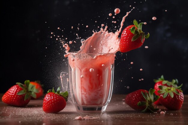 Una fragola che schizza in un bicchiere di latte alla fragola.