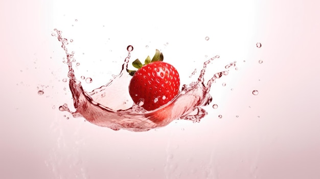 Una fragola che spruzza in acqua con una spruzzata di acqua.