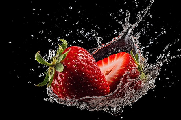 Una fragola che spruzza in una spruzzata dell'acqua