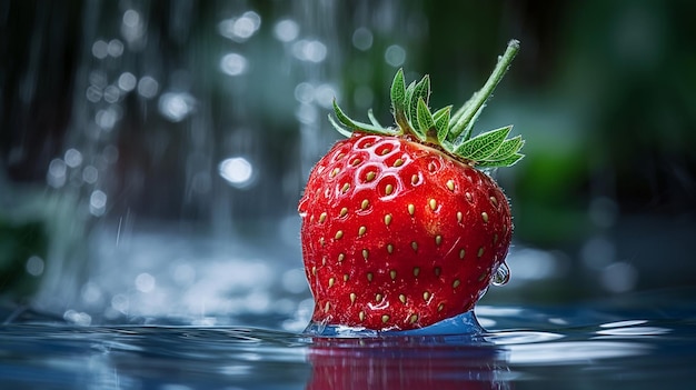 una fragola con foglie verdi è nell'acqua