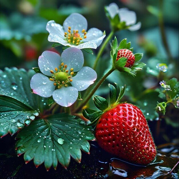 una fragola con gocce d'acqua su di essa e una goccia d'acqua