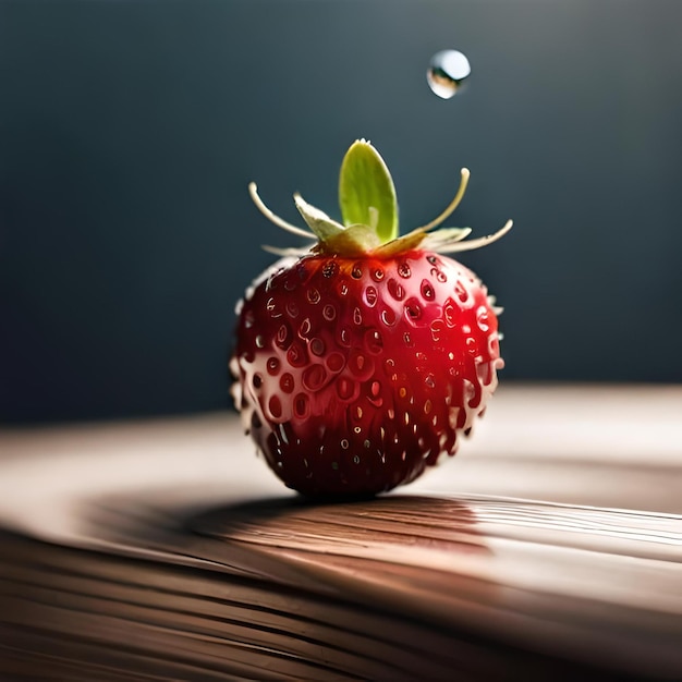 Una fragola con il gambo verde e sopra una goccia d'acqua