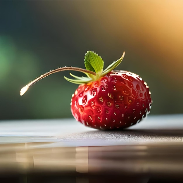 Una fragola con una foglia verde sopra è posata su un tavolo.