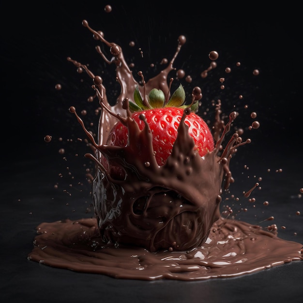 Una fragola è cosparsa di cioccolato ed è circondata da una spruzzata di cioccolato.