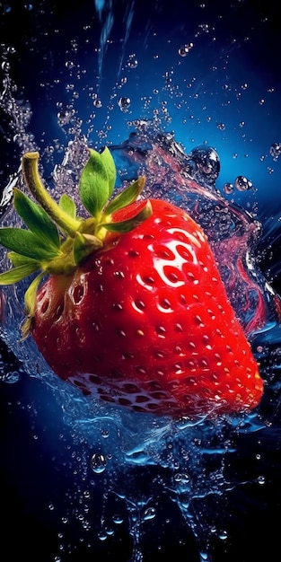 Una fragola è nell'acqua e sta per cadere.