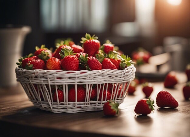 Una fragola fresca in un cesto su uno sfondo di legno